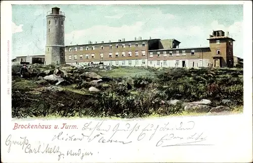 Ak Brocken Nationalpark Harz, Brockenhaus mit Aussichtsturm