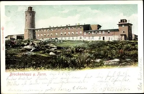 Ak Brocken Nationalpark Harz, Brockenhaus mit Aussichtsturm