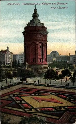 Ak Mannheim in Baden, Wasserturm mit Anlagen von Professor Bruno Schmits