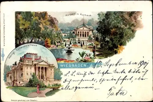 Litho Wiesbaden in Hessen, Kurpark mit Kurhaus, Königl. Schauspielhaus