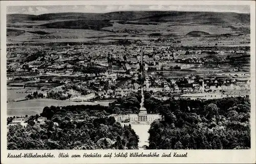Ak Bad Wilhelmshöhe Kassel in Hessen, Blick vom Herkules auf Schloss Wilhelmshöhe und Stadt