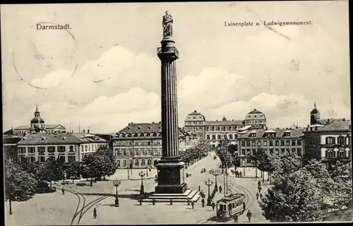Ak Darmstadt in Hessen, Luisenplatz und Ludwigsmonument, Straßenbahn