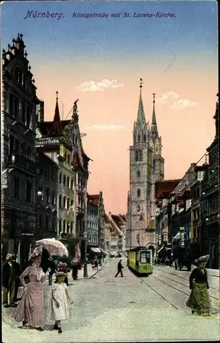 Ak Nürnberg, Königstraße, St. Lorenzkirche, Straßenbahn