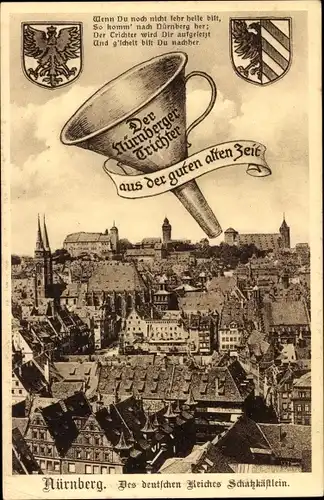 Ak Nürnberg in Mittelfranken, Nürnberger Trichter, Wappen, Blick über die Stadt