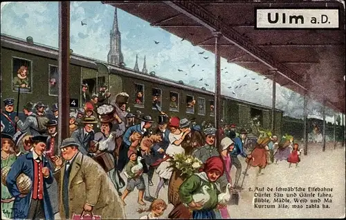 Künstler Ak Thiele, Arthur, Ulm an der Donau, Auf de schwäb'sche Eisebahne, belebte Szene am Bahnhof