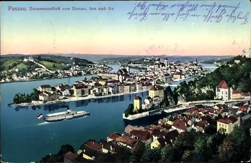 Ak Passau in Niederbayern, Zusammenfluss von Donau, Inn und Ilz