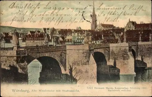 Ak Würzburg am Main Unterfranken, Alte Mainbrücke mit Stadtansicht