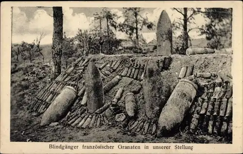 Ak Blindgänger französischer Granaten in deutscher Stellung, I. WK