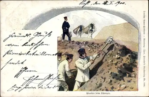 Litho Pioniere beim Schanzen, Schaufel, Kaiserzeit
