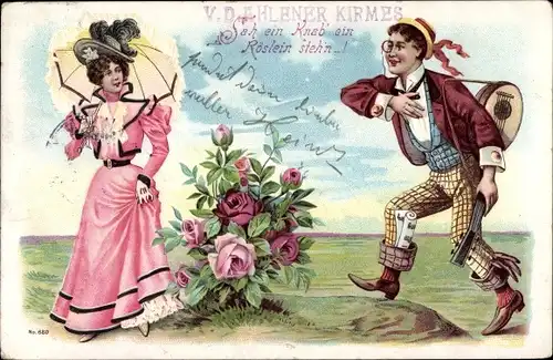 Litho Sah ein Knab' ein Röslein steh'n, Mann mit Gitarre, Rosen