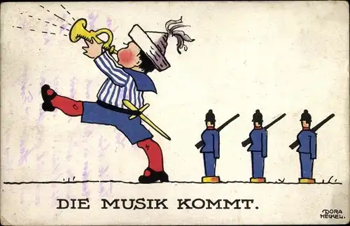 Künstler Ak Heckel, D., Die Musik kommt, Junge mit Trompete und Schwert