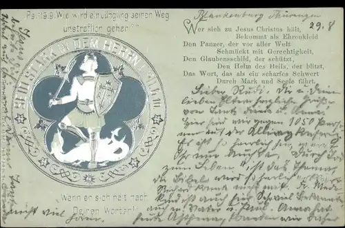 Präge Ak Ritter mit Schutzschild und Schwert, Wer sich zu Jesus Christus hält...