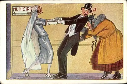 Künstler Ak Mann zur Heirat gezwungen, Braut, Schwiegermutter