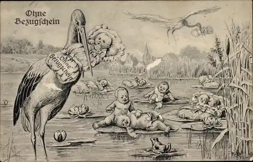 Künstler Ak Storch und Babys im Teich, Ohne Bezugschein