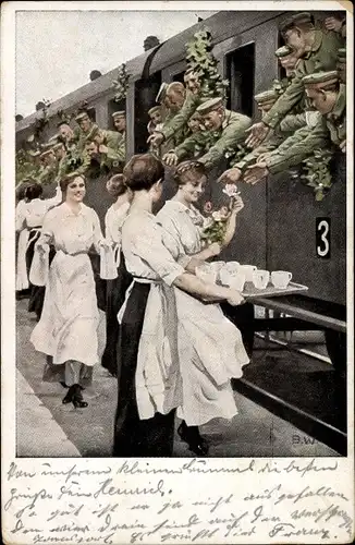Künstler Ak Wennerberg, B., Erfrischungsstation, Soldaten bekommen Getränke, Zug, Frauen