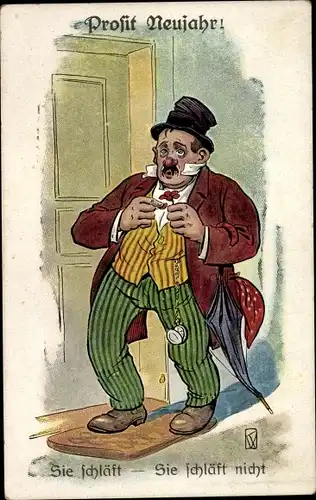 Ak Glückwunsch Neujahr, Betrunkener Mann, Sie schläft, Sie schläft nicht