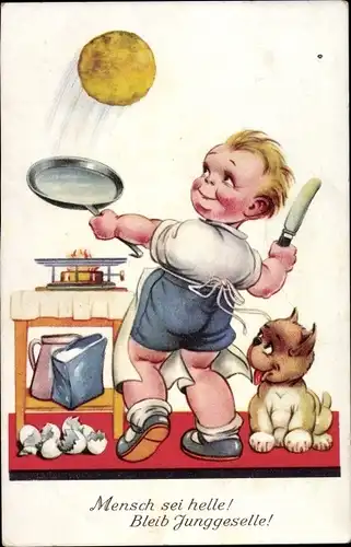 Ak Kind beim Kochen, Omelette, Eier, Hund, Mensch sei helle, Bleib Junggeselle