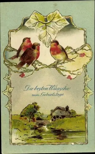 Präge Ak Glückwunsch Geburtstag, Dorfpartie, Wassermühle, Vögel