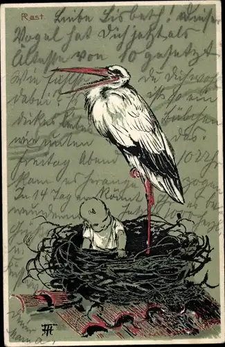 Präge Künstler Ak Baby und Storch im Vogelnest