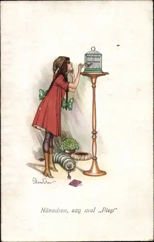 Künstler Ak Plantikow, Hänschen, sag mal Piep, Mädchen, Vogel im Käfig