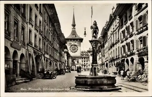 Ak Bern, Kramgasse, Lähringerbrunnen, Zeitglockenturm