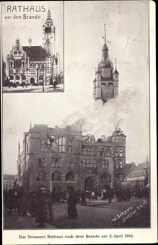 Ak Dessau in Sachsen Anhalt, Rathaus, vor und nach dem Brand am 2. April 1910