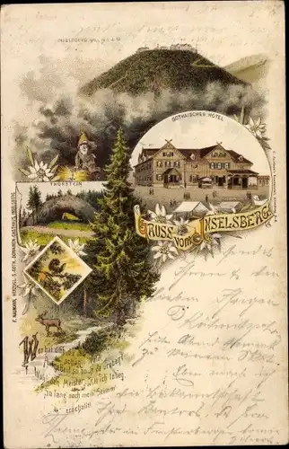 Litho Brotterode in Thüringen, Inselsberg, Thorstein, Gothaisches Hotel, Zwerg