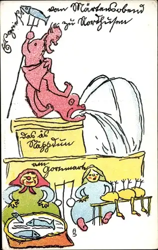 Künstler Ak Nordhausen am Harz, Märtenabend, Neptunbrunnen am Kornmarkt