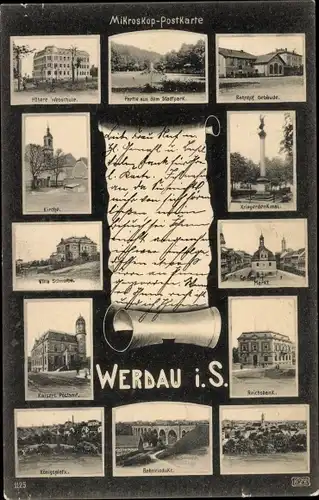 Ak Werdau in Sachsen, Mikroskop Karte, Kirche, Post, Reichsbank, Viadukt, Bahnhof