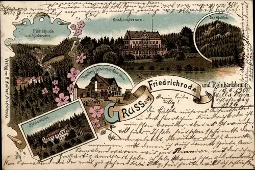 Litho Friedrichroda Thüringer Wald, Reinhardsbrunn, Gottlob, Klostermühle, Panorama v. Klinkenstein