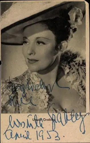 Ak Schauspielerin Ursula Grabley, Portrait, Autogramm, Hut