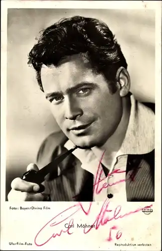 Ak Schauspieler Carl Möhner, Portrait mit Pfeife, Autogramm