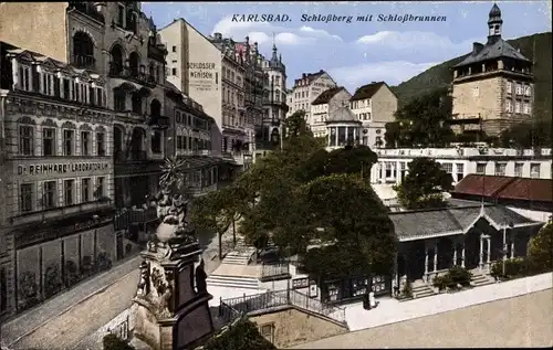 Ak Karlovy Vary Karlsbad Stadt, Schlossberg, Schlossbrunnen, Laboratorium Dr. Reinhard