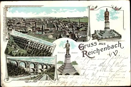 Litho Reichenbach im Vogtland, Elstertalbrücke, Göltzschtalbrücke, Kaiser Wilhelm Denkmal