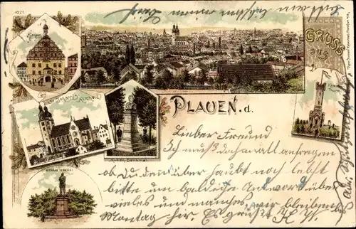 Vorläufer Litho Plauen im Vogtland, Rathaus, St. Johannis Kirche, Bismarck Denkmal, Kemmlerturm