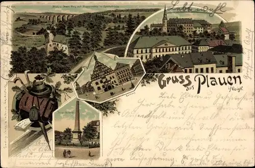 Litho Plauen im Vogtland, Schloss, Viadukt, Denkmal, Rathaus