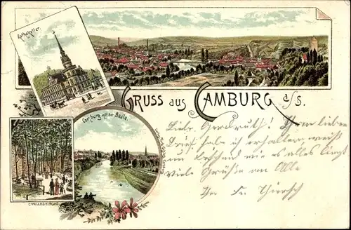 Litho Camburg an der Saale Thüringen, Rathskeller, Cyriakskirche, Panorama