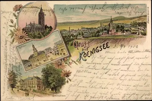 Litho Königsee in Thüringen, Kirche, Rathaus, Schießhaus, Gesamtansicht