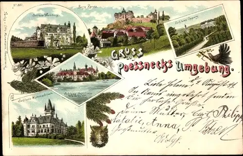 Litho Pößneck in Thüringen, Burg Ranis, Wernburg, Schloss Hummelshain, Schloss Fröhliche Wiederkunft