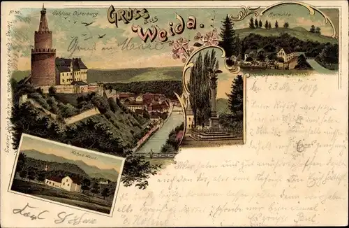 Litho Weida in Thüringen, Panorama, Aumühle, Kriegerdenkmal, Schloss Osterburg, Hohes Haus