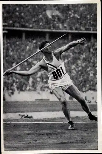 Sammelbild Olympia 1936, Speerwerfen beim Zehnkampf, Morris