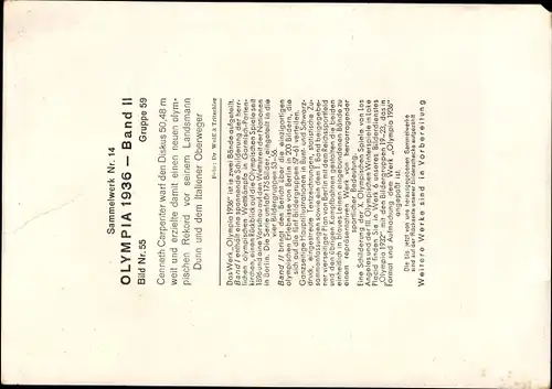 Sammelbild Olympia 1936, Diskuswerfer Cenneth Carpenter