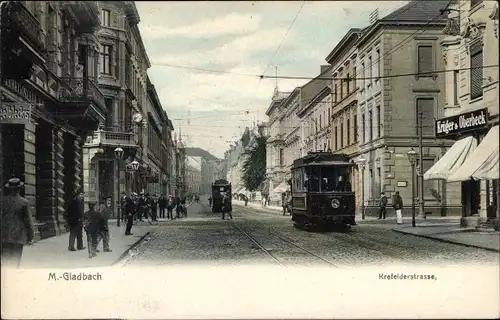 Ak Mönchengladbach am Niederrhein, Krefelder Straße, Straßenbahn, Geschäft Krüger & Oberbeck