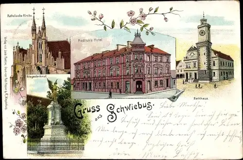 Litho Świebodzin Schwiebus Ostbrandenburg, Rathaus, Kath. Kirche, Radlich's Hotel, Kriegerdenkmal