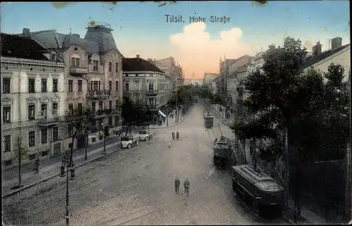 Ak Sowjetsk Tilsit Ostpreußen, Hohe Straße, Straßenbahnen