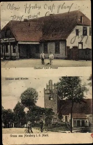 Ak Herzberg in der Mark, Gasthof Carl Prosse, Straße, Kirche