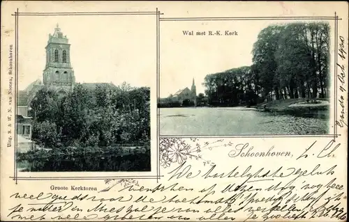 Ak Schoonhoven Südholland Niederlande, Groote Kerktoren, Wal met R. K. Kerk