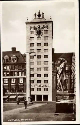 Ak Leipzig Sachsen, Hochhaus, Denkmal, Café Corso, Musikhaus Jul. Heinr. Zimmermann