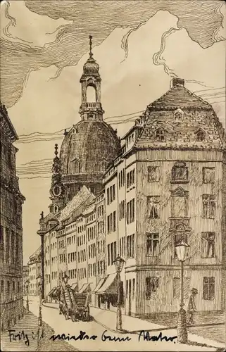 Künstler Ak Dresden, Straßenpartie, Frauenkirche