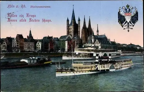 Ak Köln am Rhein, Rheinpanorama, Salondampfer, Wappen